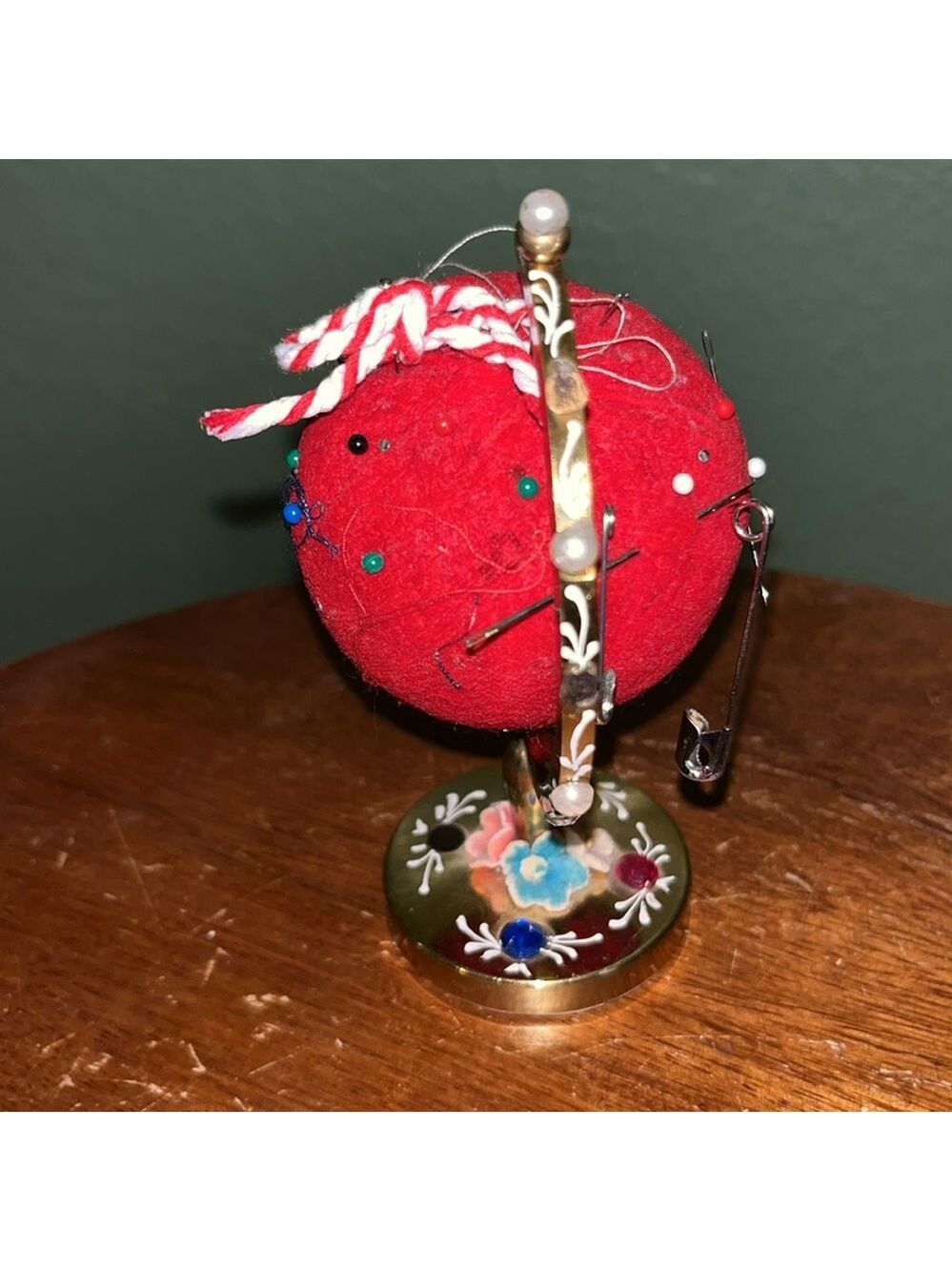 Vintage 1950s to 1960s Red Velvet/Brass Metal Pincushion World/Globe Shaped - Picture 3 of 7